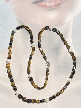 Natural Rectangle Faceted Tiger-Eye Gemstone and Freshwater Pearl Necklace.